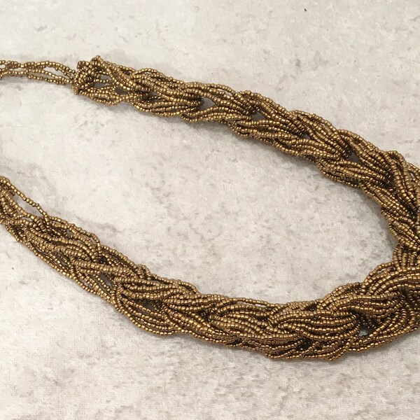 Dark Gold Multi Strand Braided Seed Beads Necklace.