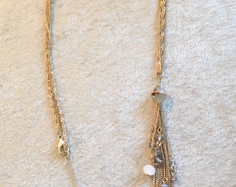 Gold Chain Two Strands Long Necklace with Crystal and Beads Tassel