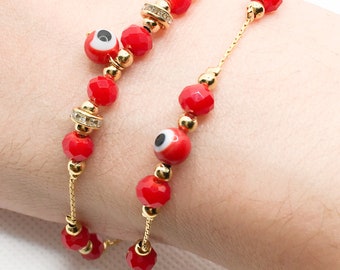 Pulsera Cristal Mal de Ojo Rojo Chapado en Oro 18 K. Pulsera de buena suerte.