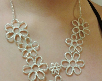 Silver Flowers with Crystal Clear Rhinestones Necklace