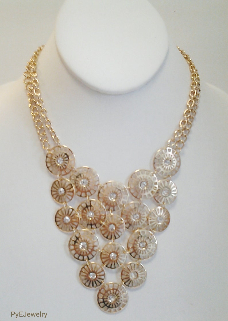 Gold Chain Circles with Crystal Clear Stones Necklace / Gold Circles Crystal Clear Stones Bib Necklace. image 1