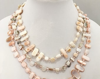 Pink and Beige Sea Shell Beaded Necklace / Three Strands Beaded Necklace.