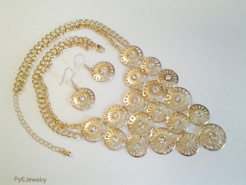 Gold Chain Circles with Crystal Clear Stones Necklace / Gold Circles Crystal Clear Stones Bib Necklace. image 5