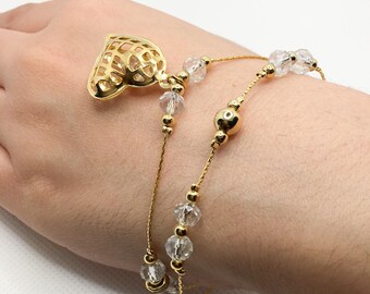 Crystal Bracelet with a Gold Heart Charm 18 K Gold Plated Bracelet.