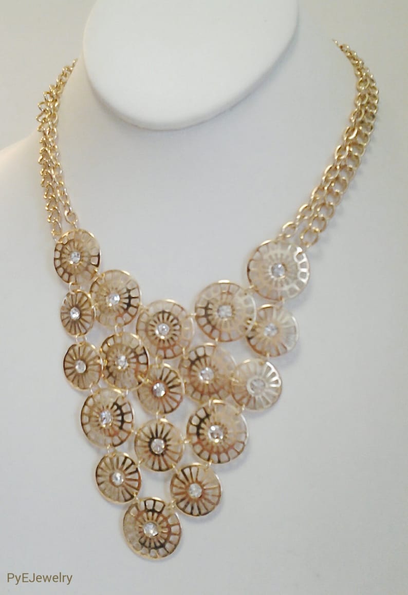 Gold Chain Circles with Crystal Clear Stones Necklace / Gold Circles Crystal Clear Stones Bib Necklace. image 3