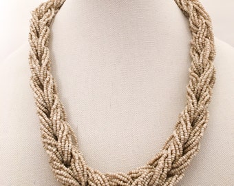 Beige Multi Strand Braided Seed Beads Bib Necklace.