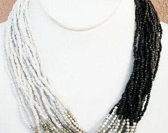 White, Silver and Black Beaded Necklace / Multi Strand / Statement Necklace / Bib Necklace