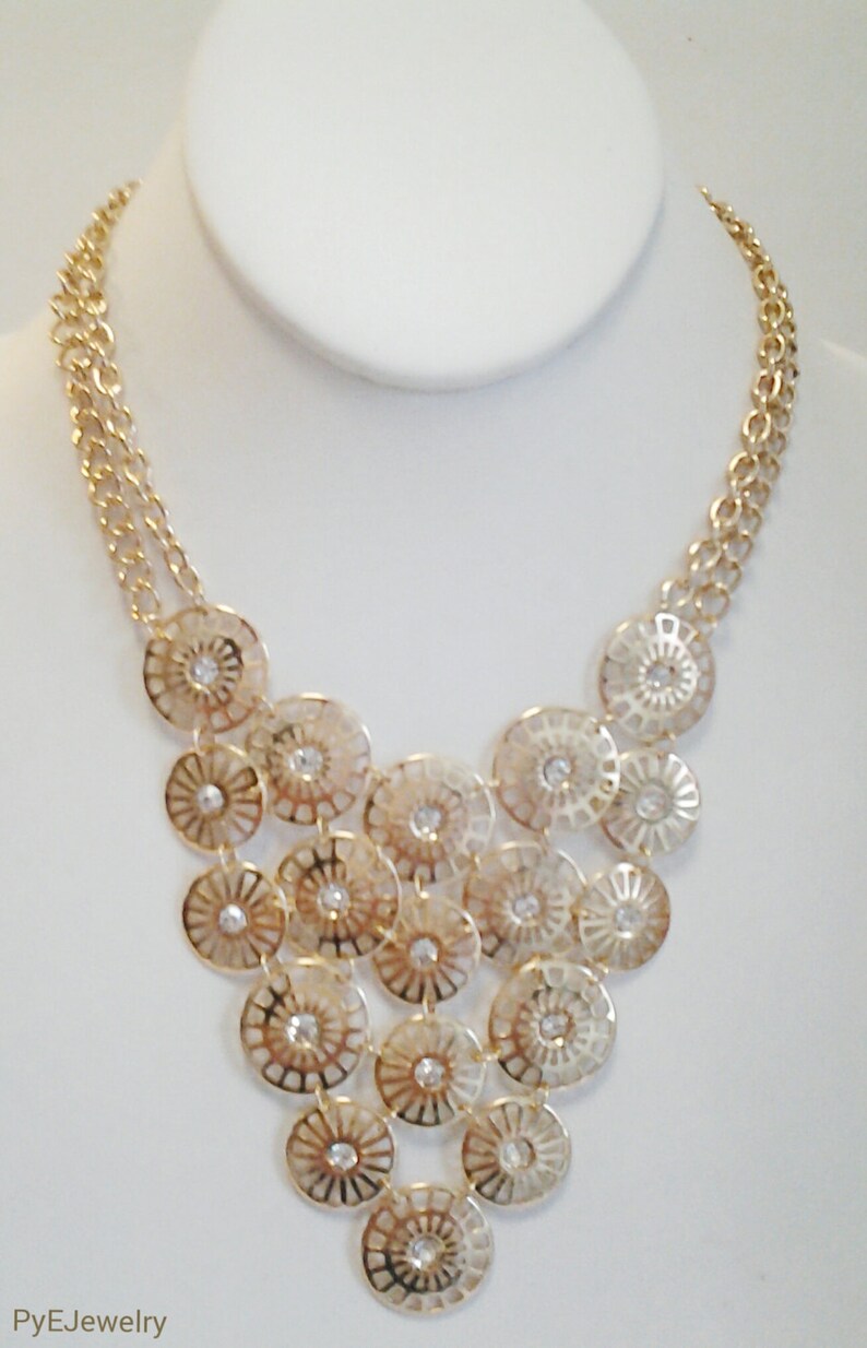 Gold Chain Circles with Crystal Clear Stones Necklace / Gold Circles Crystal Clear Stones Bib Necklace. image 2