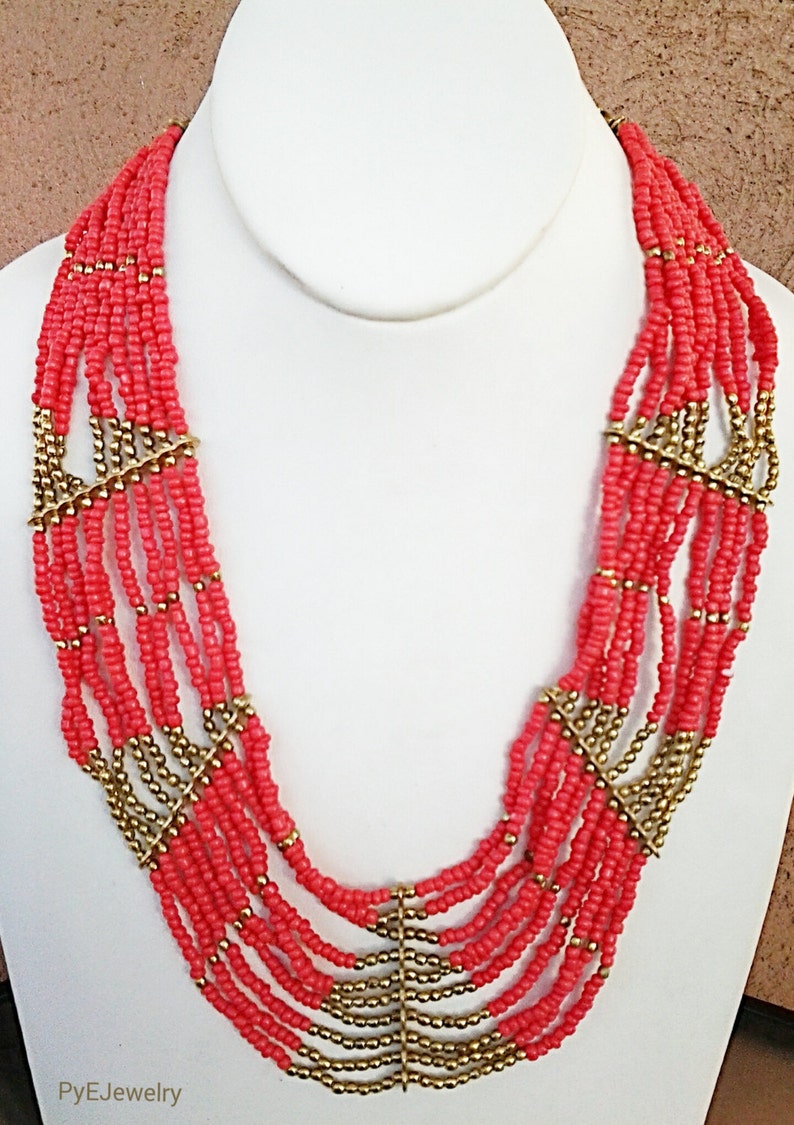 Coral and Gold Statement Necklace / Multi Strand Necklace / | Etsy