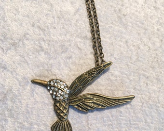 Bronze Hummingbird Long Necklace with Clear Crystals.