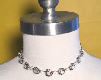 Silver Little Flowers with White Crystal Beads Bib Necklace.