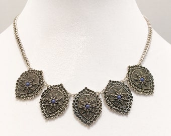 Dark Silver Medallions with Dark Blue Little Beads Necklace / Silver Chain Bib Necklace.