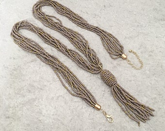 Multi Strand Mocha and Gold Beaded Long Necklace / Mocha and Gold Tassel Long Necklace.