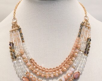 Four Strands Gold, Beige, Mocha and Crystal Beaded Necklace.