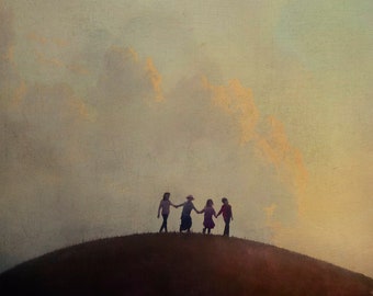 Title: "I Am Every Age I Have Ever Been" Kids holding hands on a hill, painterly photography print, unique wall art with a story,