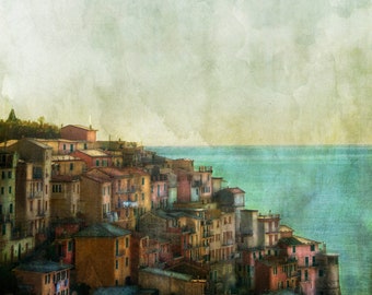 Title: "One Day in Italy" , Cinque Terre village in Italy on the sea, painterly photography print, unique wall art with a story.