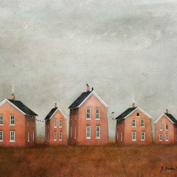 A string of sister houses connected with telephone wires, painterly photography print, unique wall art with a story, Title: "Rumors"