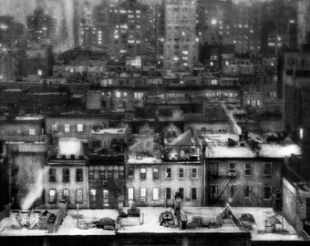 View outside apartment in New York city in winter, painterly photography print, unique wall art with a story, Title: "6 Degrees of New York"