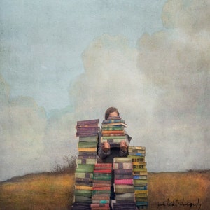 Title: Outstanding Little girl with piles of books to read, painterly photography print, unique wall art with a story. image 1