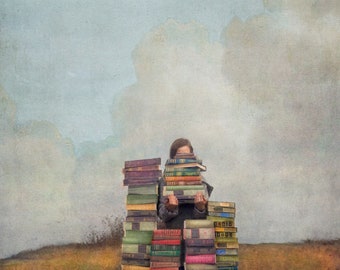 Title: "Outstanding!" Little girl with piles of books to read, painterly photography print, unique wall art with a story.