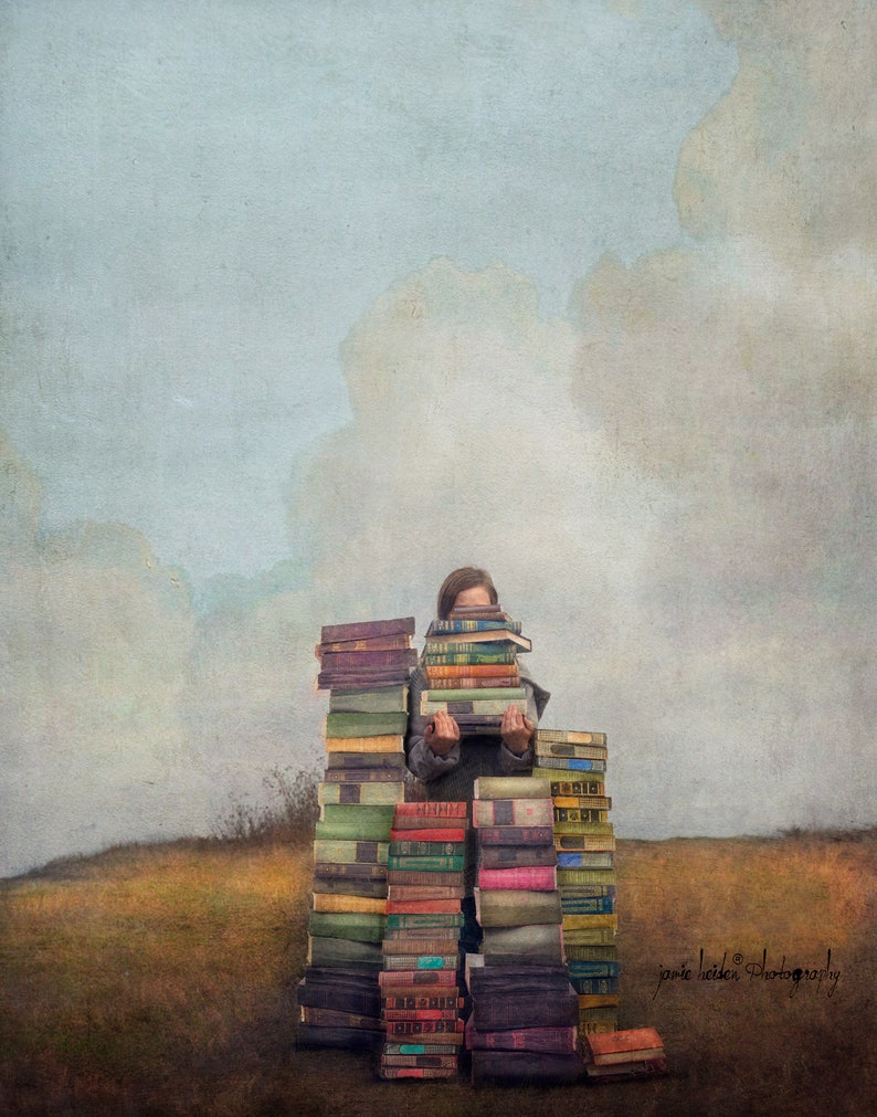 Title: Outstanding Little girl with piles of books to read, painterly photography print, unique wall art with a story. image 1