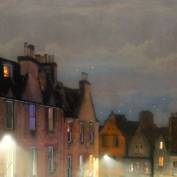 Night time rooftops of Victoria Street, painterly photography print, unique wall art with a story, Title: "No One Sees What You See"