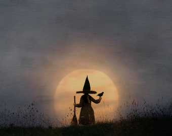 Little witch with broom, bird and moon.  Painterly photography print, unique wall art with a story, Title: "To the Moon and Back"