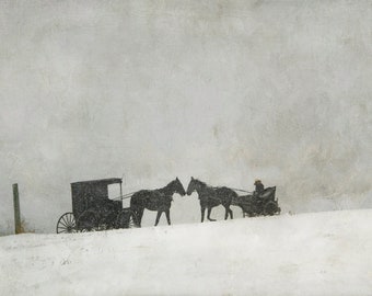 two Amish buggies pulled by horses in the snow - no faces , painterly photography print, unique wall art with a story, Title: "Rush Hour"