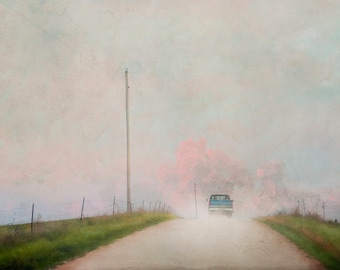 An old truck driving down a gravel road, painterly photography print, unique wall art with a story, Title: "Alone Together"