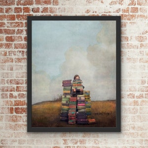 Title: Outstanding Little girl with piles of books to read, painterly photography print, unique wall art with a story. image 2