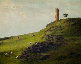 Castle tower in Scotland, a princess and sheep , painterly photography print, unique wall art with a story, Title: "Rapunzel's Flock"