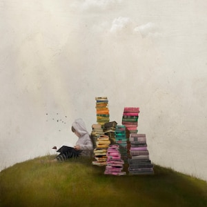 May include: A child in a gray hooded sweatshirt sits on a grassy hill, reading a book. Colorful stacks of books are arranged nearby. The background features a cloudy sky and a few flying birds.