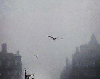 Foggy streets of Edinburgh Scotland with lamppost, painterly photography print, unique wall art with a story, Title: "Aye, I Believe Ye"