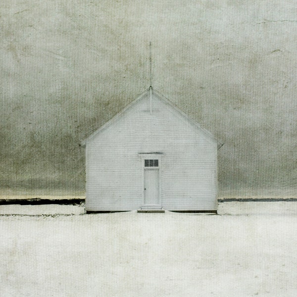 Winter one room church in a Midwestern field, painterly photography print, unique wall art with a story, Title: "Delicate Balance"