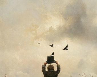 Boy in field with top hat, painterly photography print, unique wall art with a story, Title: "You Hold the Key"