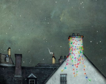 Rooftops with holiday lights telling Santa where to land, painterly photography print, unique wall art with a story, Title: "Stop Lights"