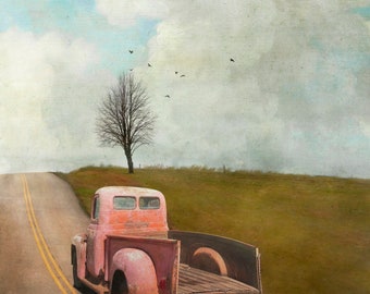 Pink truck on country road heading up a hill, painterly photography print, unique wall art with a story, Title: "It Was All Yellow"