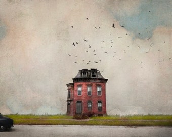 Title: "The Price of Love" A lone house with a departing car and birds, painterly photography print, unique wall art with a story