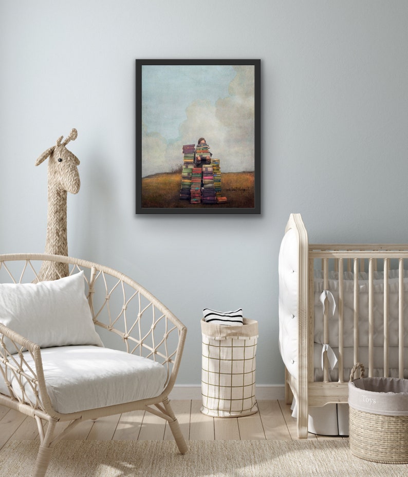 Title: Outstanding Little girl with piles of books to read, painterly photography print, unique wall art with a story. image 4