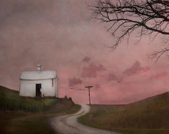 Title: "It Takes As Long As It Takes" A rural road and barn in a pink sunset , painterly photography print, unique wall art with a story.