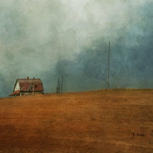 Title: &quot;Threshold&quot; A lone house in a field , painterly photography print, unique wall art with a story