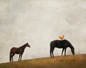 Title: "It's Called Therapy" Two horses and a rooster on a hill, painterly photography print, unique wall art with a story.