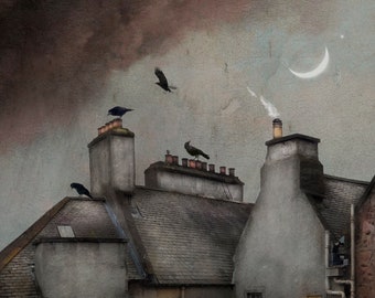 Title: "If You've Listened Close to Silence",Edinburgh rooftops with birds, moon, painterly photography print, unique wall art with a story.