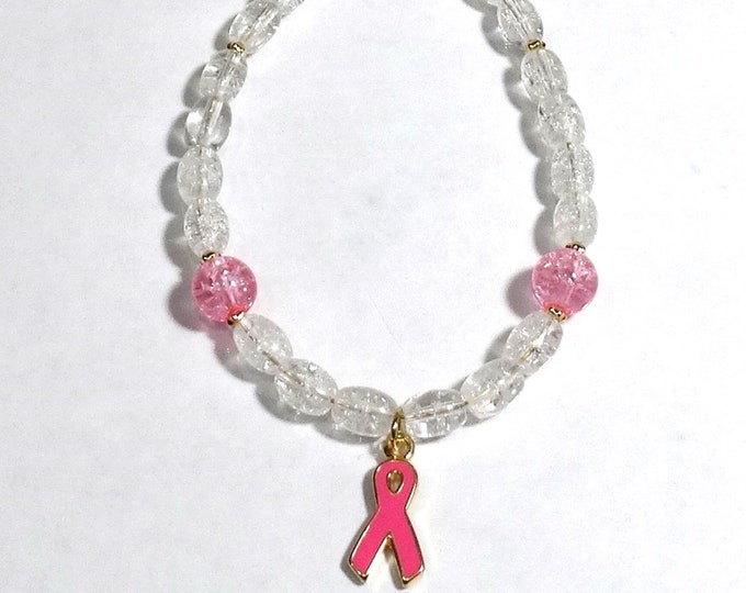 Breast Cancer Awareness Crackle Glass Pink Ribbon Bracelet – Gold