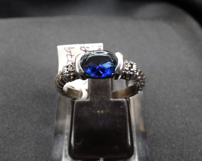 Lab Sapphire, Marcasite and Twisted Sterling Silver Ring