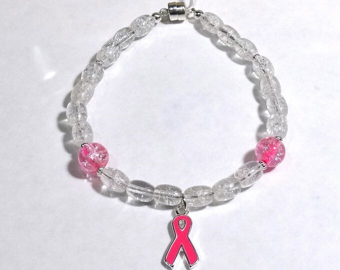 Breast Cancer Awareness Crackle Glass Pink Ribbon Bracelet - Silver
