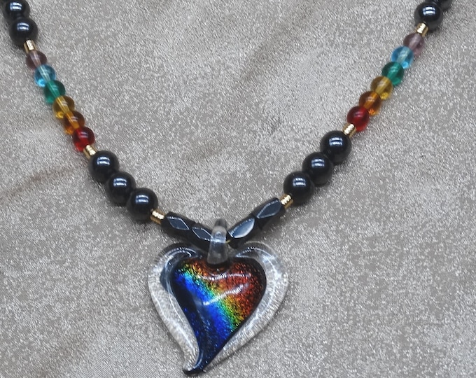 PRIDE Magnetic Hematite with Glass Rainbow Heart Necklace