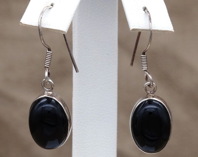 Black Onyx Cabochon Sterling Silver Dangle Earrings