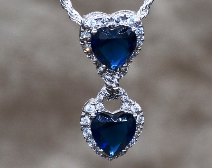 Lab Blue Sapphire and White Topaz Double Heart Hinged Pendant