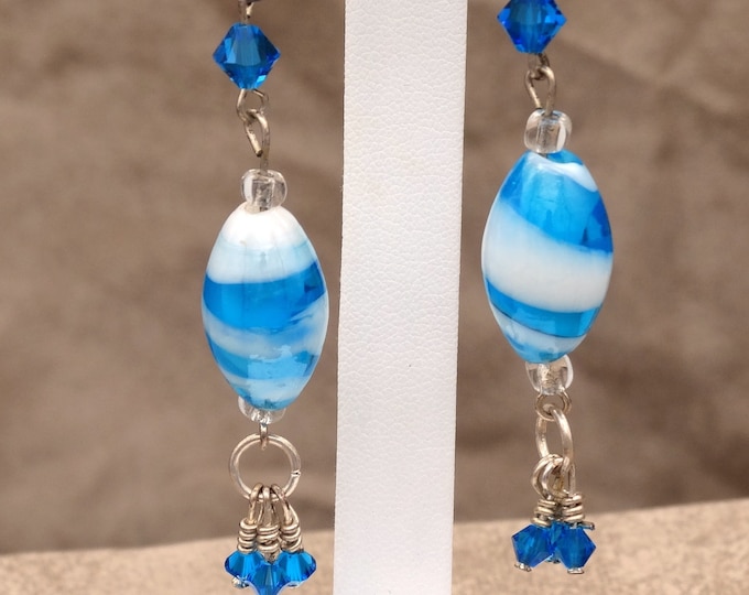 Swirls of White and Swarovski Crystal Capri Blue Earrings